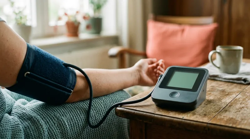 Bloeddrukmeting aan huis met een bloeddrukmeter in de woonkamer