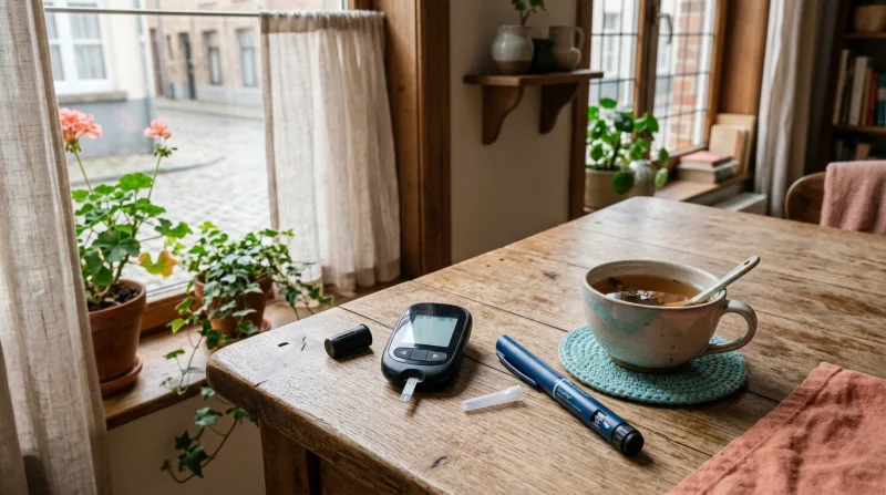 Glucosemeter en insulinepen op tafel voor diabeteszorg aan huis