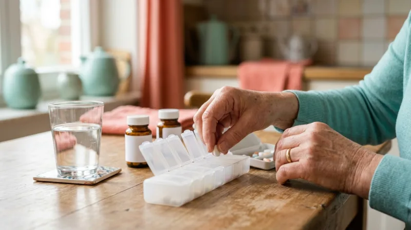 Handen vullen een weekdoos met medicatie aan de keukentafel