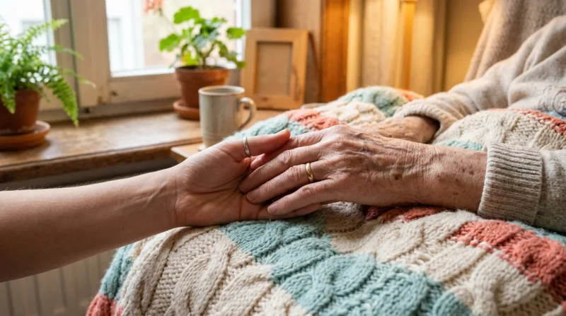 Hand van een patiente wordt liefdevol vastgehouden tijdens palliatieve zorg thuis