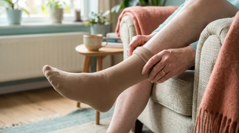 Steunkous wordt aangetrokken bij een patiente thuis in de zetel
