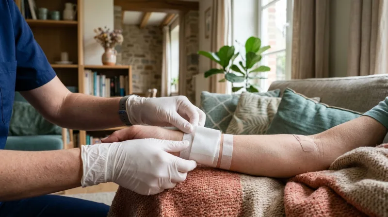 Verpleegkundige handen brengen een vers verband aan tijdens wondzorg aan huis